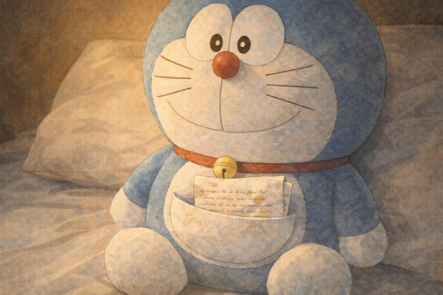Close-up — a large blue Doraemon plushie with a folded handwritten letter tucked into its front pocket, tear stains visible on the paper.